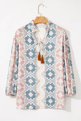 Khaki Geometric Print Tassel Tie Split Neck Balloon Sleeve Blouse Blouses & Shirts JT's Designer Fashion