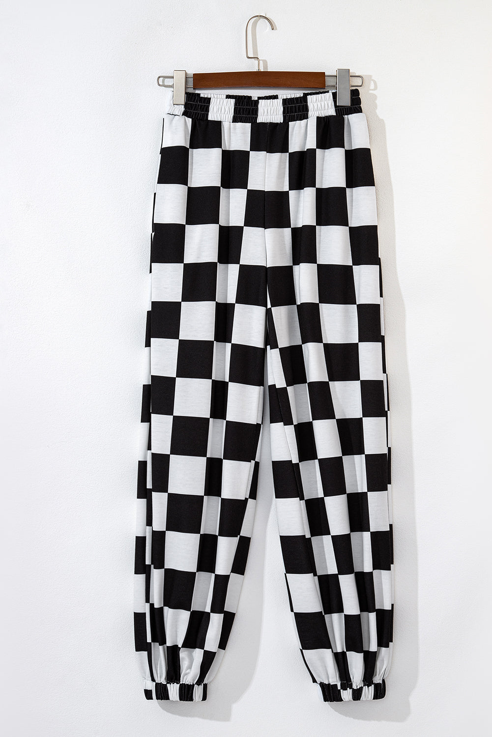 Black Checkerboard Elastic Waist Pocketed Joggers Pants & Culotte JT's Designer Fashion