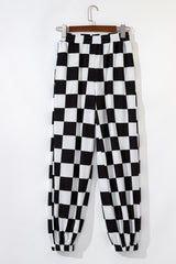 Black Checkerboard Elastic Waist Pocketed Joggers Pants & Culotte JT's Designer Fashion