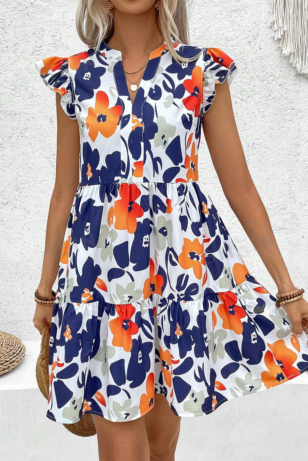 Orange Floral Print Notched Neck Flutter Sleeve Mini Dress Floral Dresses JT's Designer Fashion