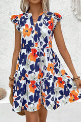 Orange Floral Print Notched Neck Flutter Sleeve Mini Dress Floral Dresses JT's Designer Fashion