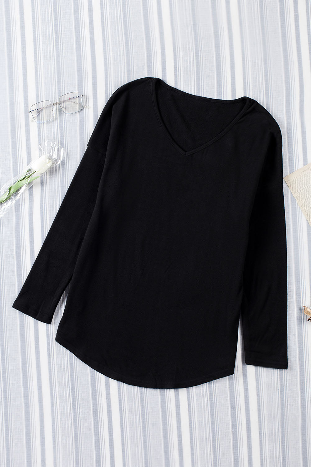 Black Solid Color V Neck Long Sleeve Knit Top Long Sleeve Tops JT's Designer Fashion