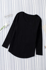 Black Solid Color V Neck Long Sleeve Knit Top Long Sleeve Tops JT's Designer Fashion