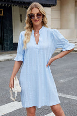 Beau Blue Jacquard Texture Flared Short Sleeve Notched Neck Mini Dress Mini Dresses JT's Designer Fashion