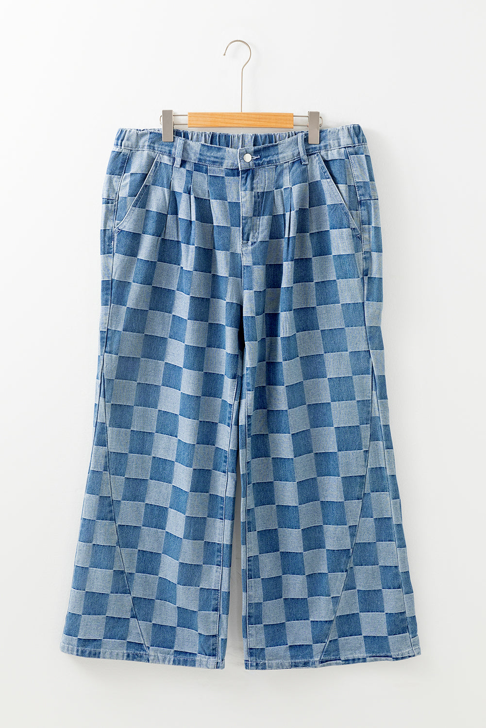Dusk Blue Plus Size Checkered Seamed High Waist Wide Leg Jeans Plus Size Bottoms JT's Designer Fashion