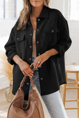 Black Solid Textured Flap Pocket Buttoned Shacket Black 95%Polyester+5%Elastane Jackets JT's Designer Fashion