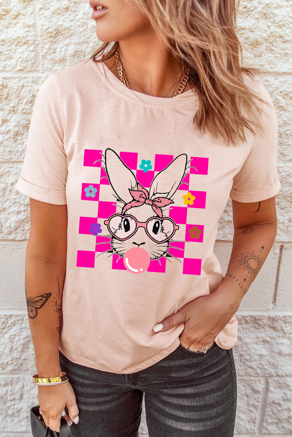 Pink Easter Rabbit Checkered Flower Print O-neck T Shirt Graphic Tees JT's Designer Fashion