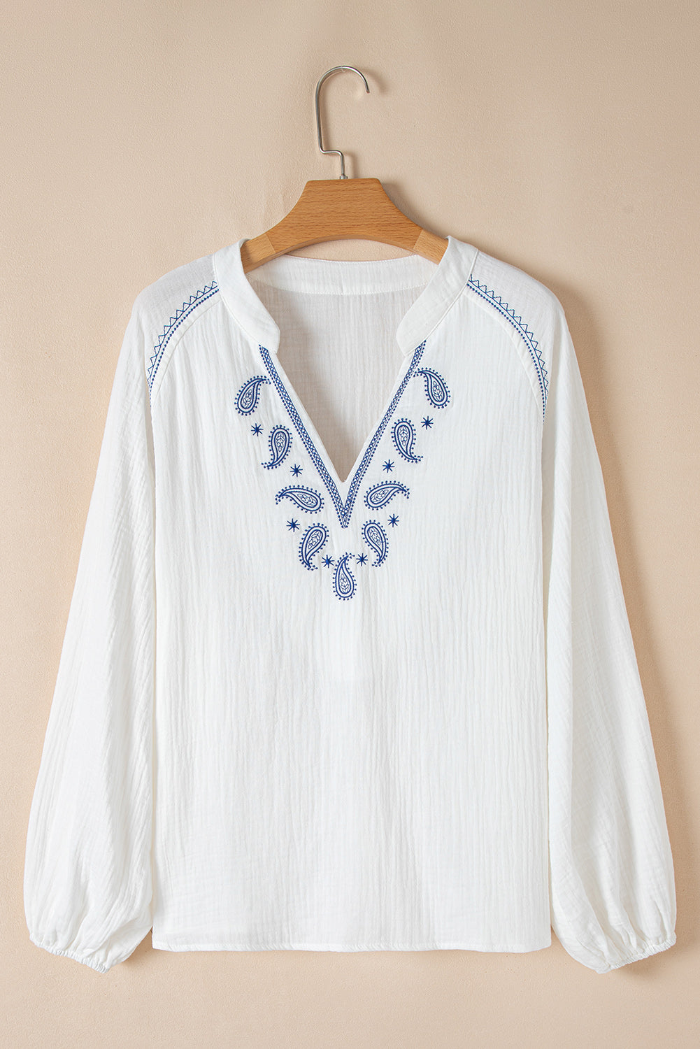 White Paisley Embroidered Textured Split Neck Long Puff Sleeve Blouse Blouses & Shirts JT's Designer Fashion
