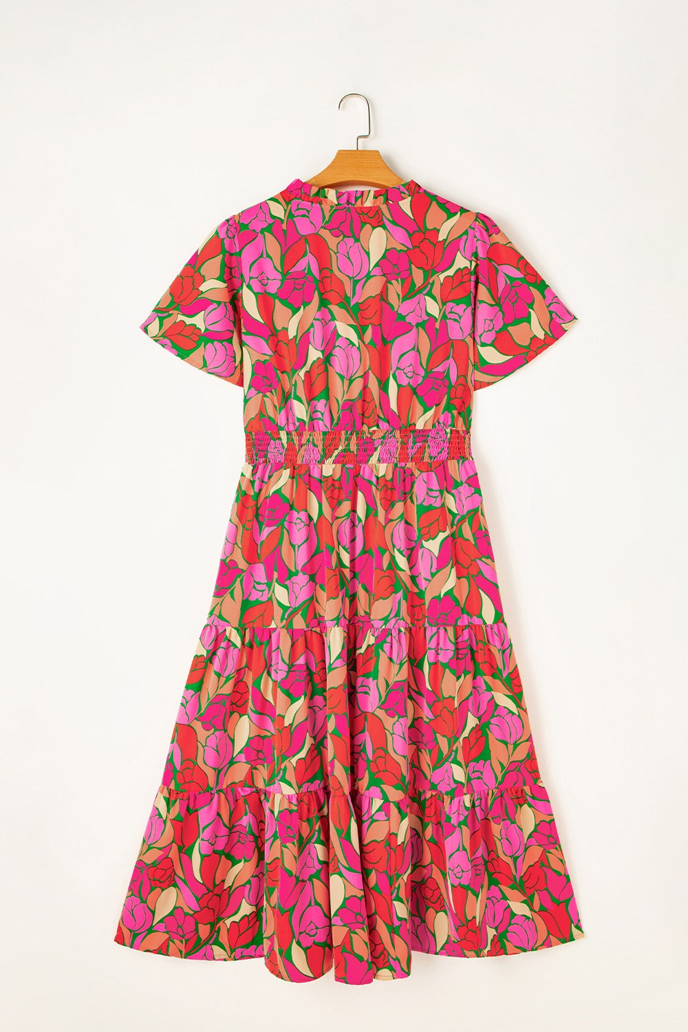 Frill Printed Notched Short Sleeve Midi Dress Maxi Dresses JT's Designer Fashion