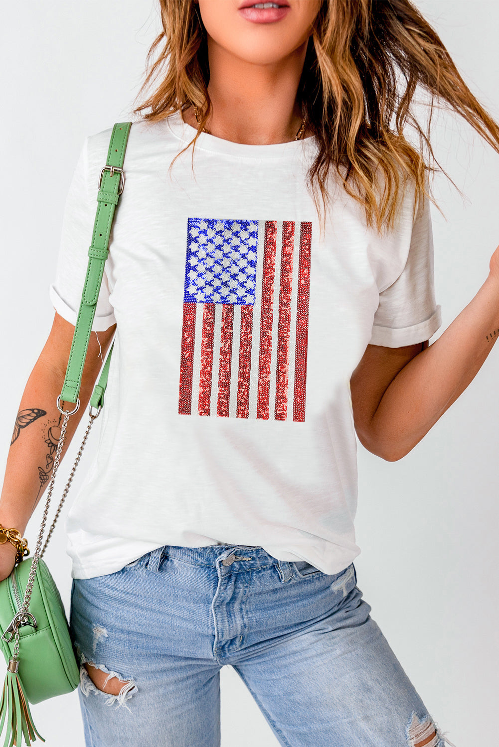 White Shimmery Flag Graphic Tee Graphic Tees JT's Designer Fashion