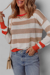 Apricot Colorblock Striped Round Neck Drop Shoulder Sweater Sweaters JT's Designer Fashion