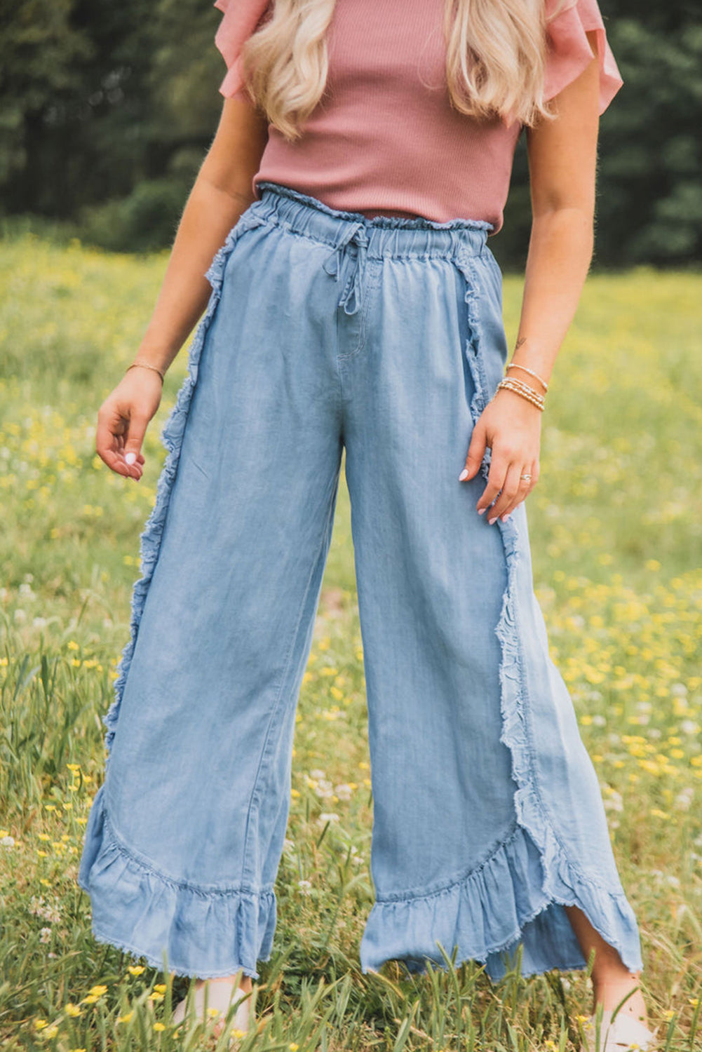 Myosotis Light Wash Raw Hem Ruffled Wide Leg Jeans Myosotis 95%Cotton+5%Polyester Jeans JT's Designer Fashion