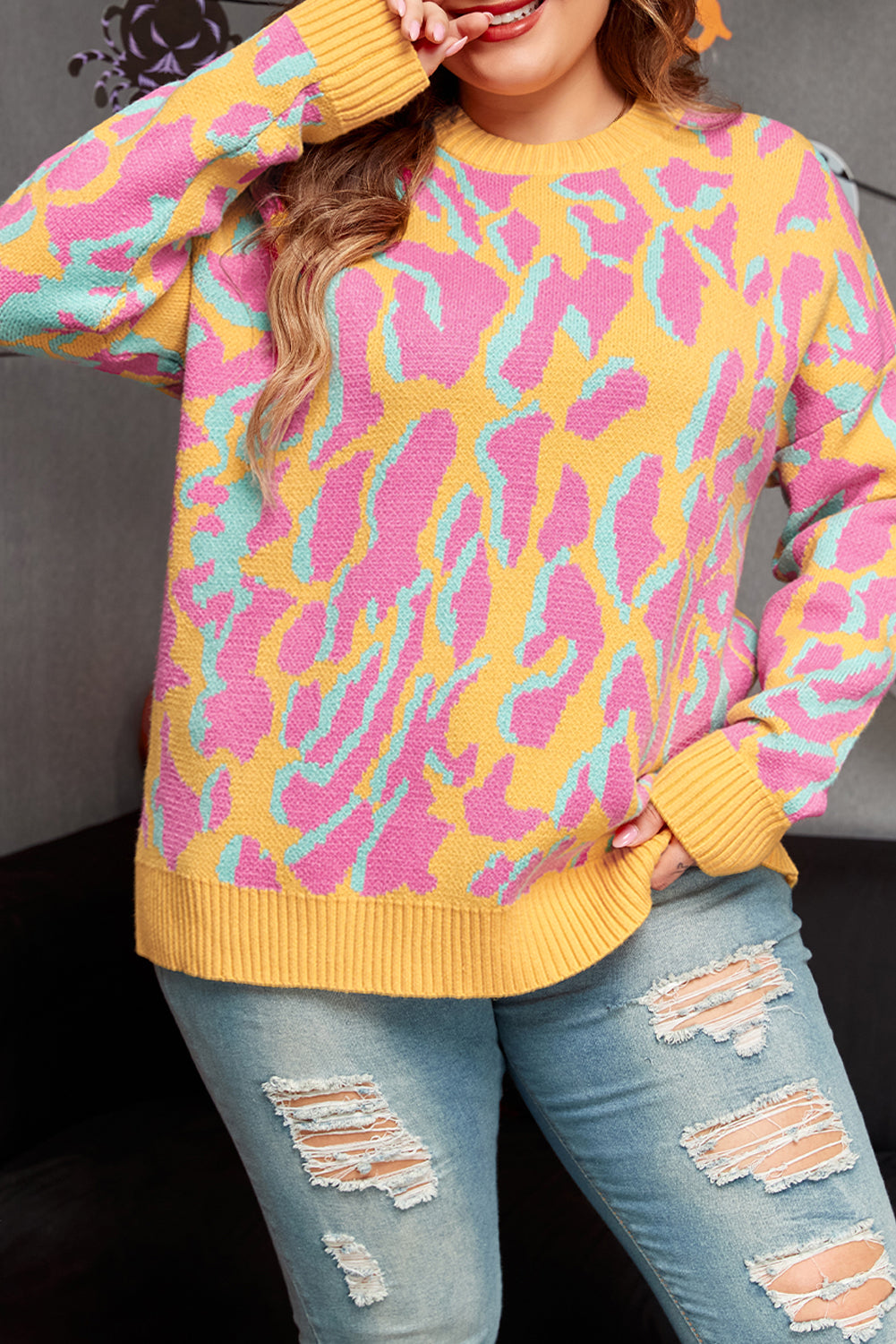 Bright Pink Plus Size Leopard Ribbed Trim Sweater Plus Size Sweaters & Cardigans JT's Designer Fashion