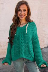 Sea Green Cable Knit V Neck Contrast Drawstring Hooded Sweater Sweaters JT's Designer Fashion