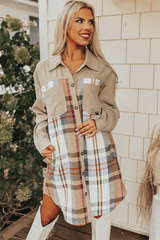 Khaki Plaid Patchwork Long Sleeve Shirt Mini Dress Mini Dresses JT's Designer Fashion