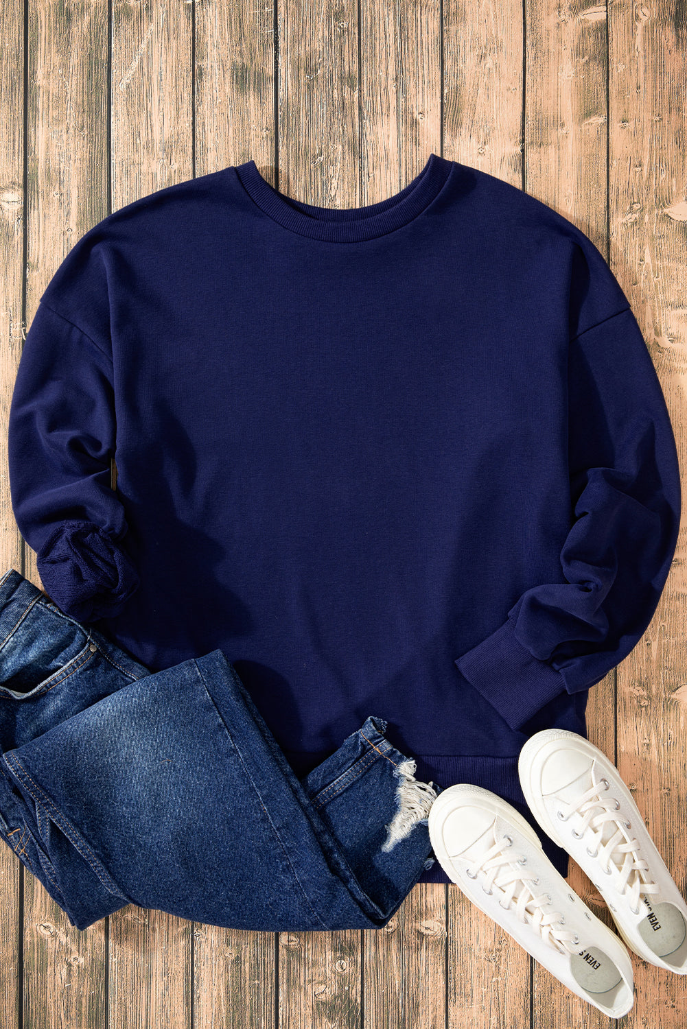 Navy Blue Solid O Neck High Low Hem Pullover Sweatshirt Sweatshirts & Hoodies JT's Designer Fashion