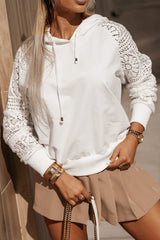 White Lace Patchwork Sleeve Drawstring Hoodie Sweatshirts & Hoodies JT's Designer Fashion
