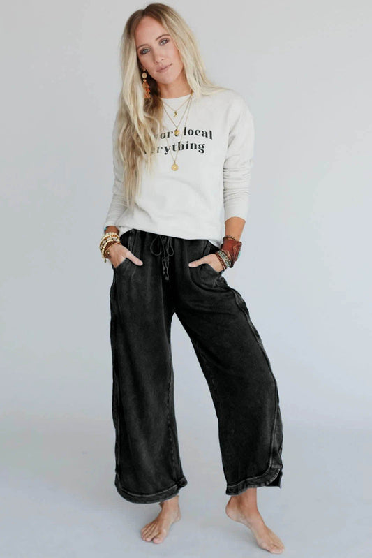 Black Mineral Wash Exposed Seam Wide Leg Pants Bottoms JT's Designer Fashion