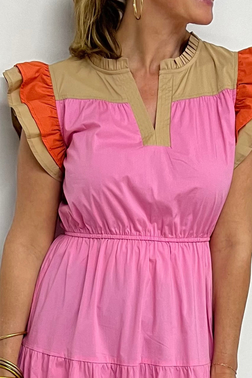 Bonbon Color Block Tiered Notched Neck Ruffle Sleeve Dress Dresses JT's Designer Fashion