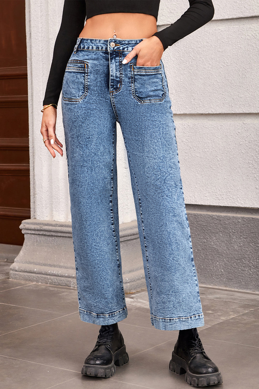Blue Chic Patch Pocket Straight Leg Loose Jeans Jeans JT's Designer Fashion