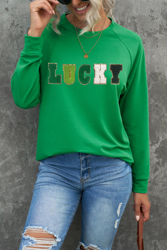 Green St Patricks LUCKY Chenille Embroidered Graphic Sweatshirt Graphic Sweatshirts JT's Designer Fashion