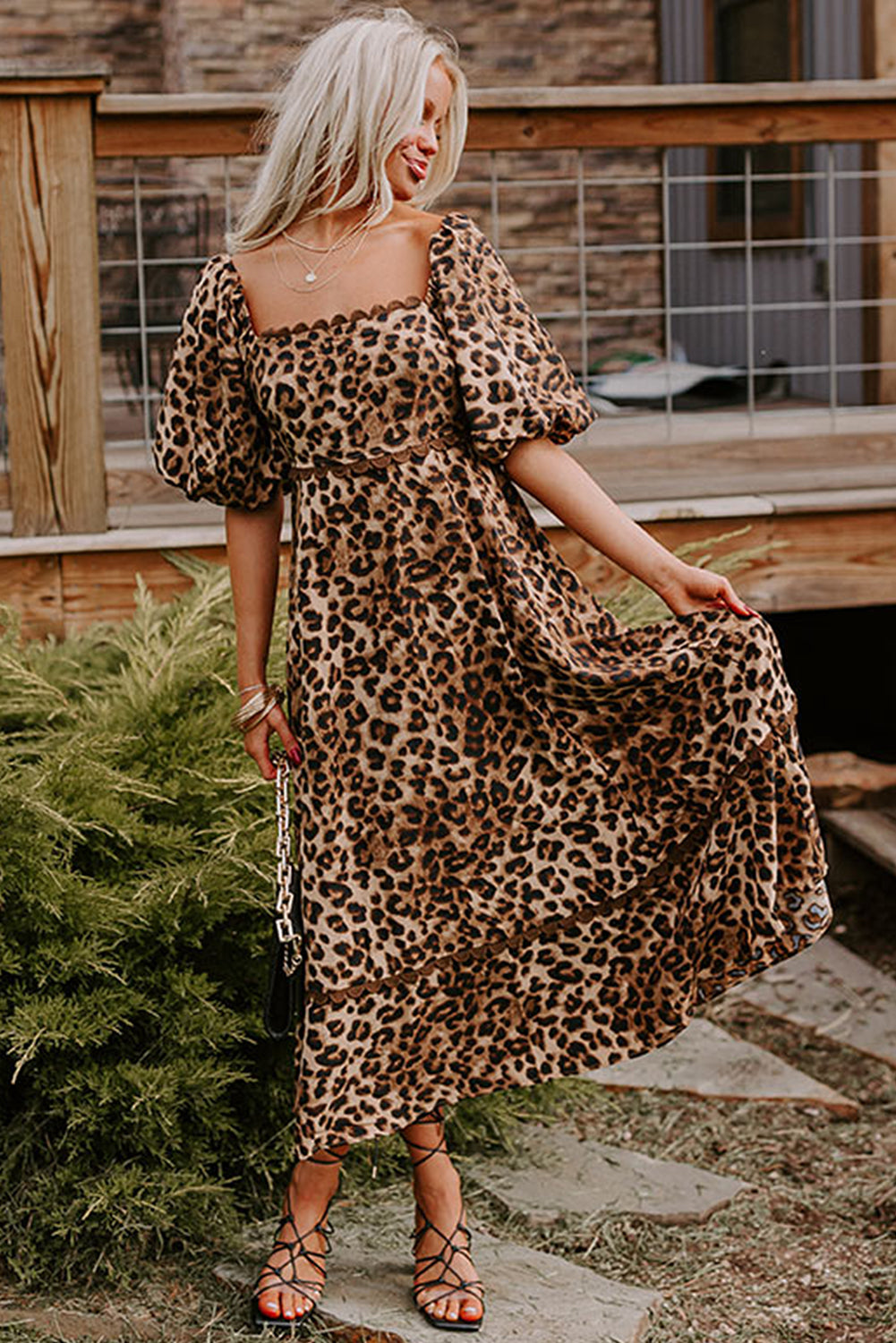 Brown Leopard Print Bubble Sleeve Square Neck Long Dress Maxi Dresses JT's Designer Fashion