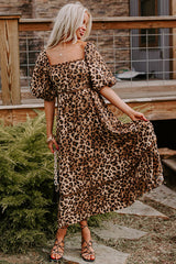 Brown Leopard Print Bubble Sleeve Square Neck Long Dress Maxi Dresses JT's Designer Fashion
