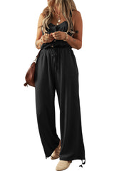 Black Knotted Straps Button Textured Drawstring Jumpsuit Bottoms JT's Designer Fashion