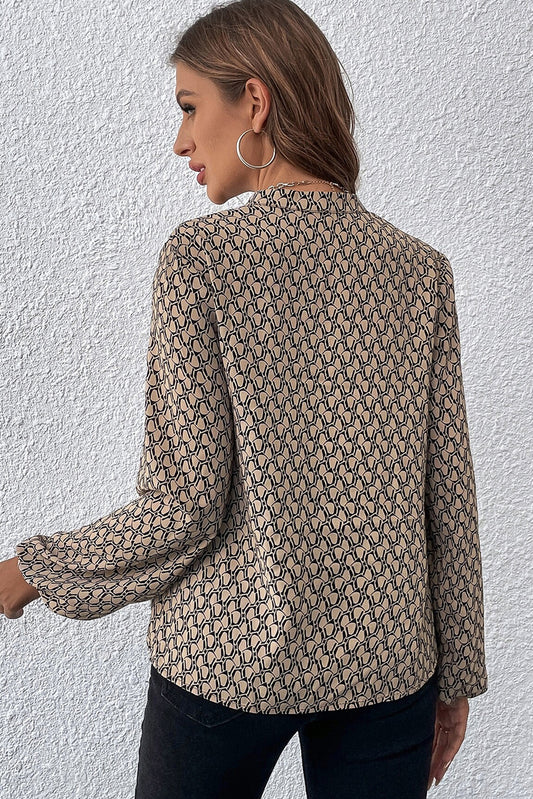 Khaki Geometric Print Notched Neck Puff Sleeve Blouse Blouses & Shirts JT's Designer Fashion