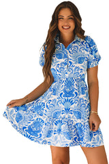 Sky Blue Retro Floral Print Drawstring Waist Ruffled Mini Dress Floral Dresses JT's Designer Fashion