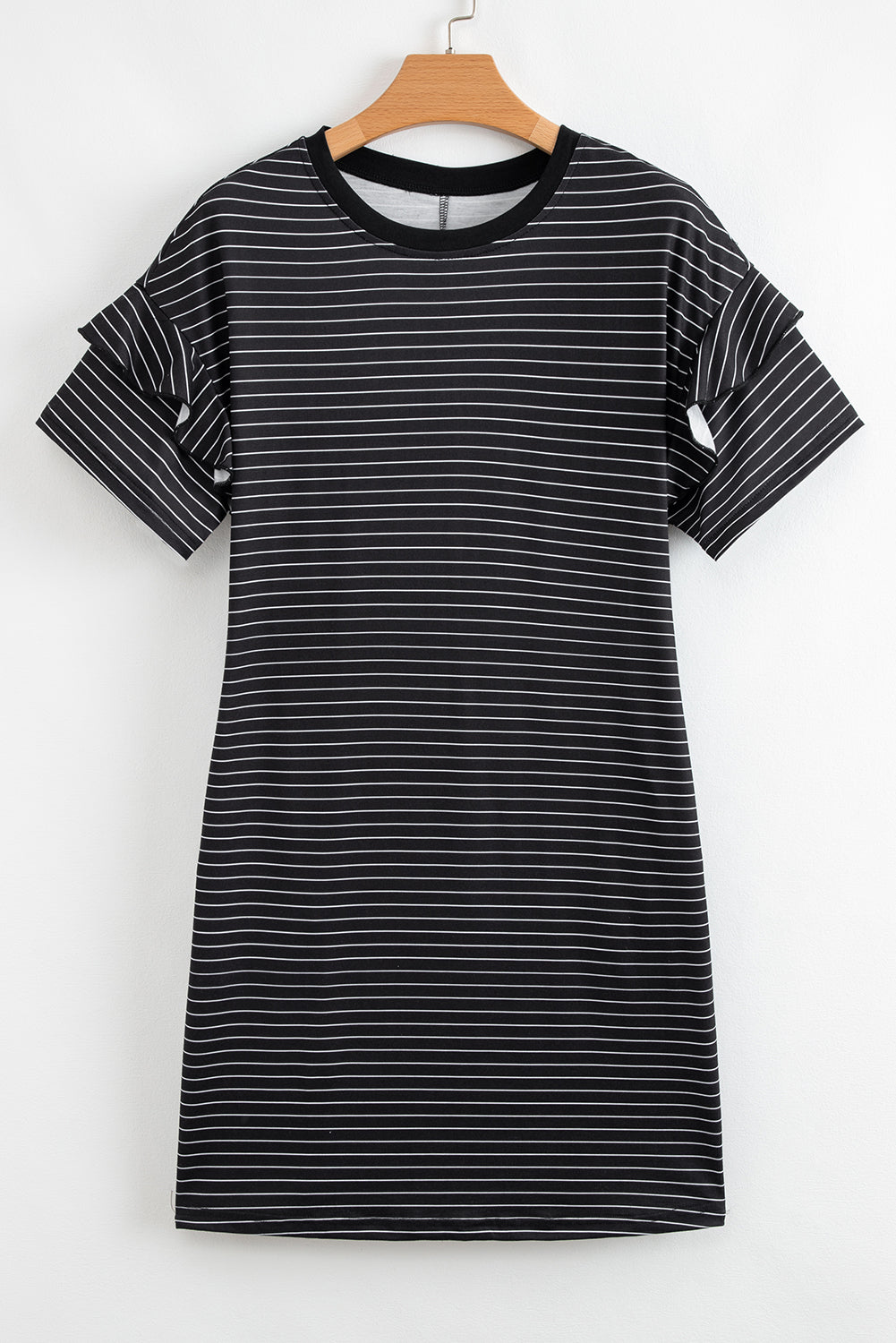Black Stripe Ruffled Short Sleeve Crew Neck T Shirt Shift Mini Dress T Shirt Dresses JT's Designer Fashion