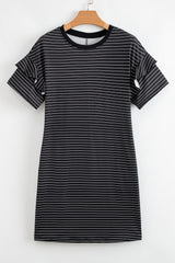 Black Stripe Ruffled Short Sleeve Crew Neck T Shirt Shift Mini Dress T Shirt Dresses JT's Designer Fashion