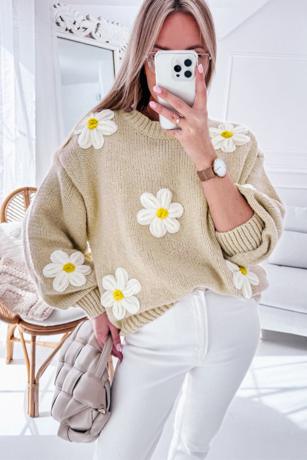 Parchment Floral Crochet Chunky Knit Sweater Sweaters JT's Designer Fashion