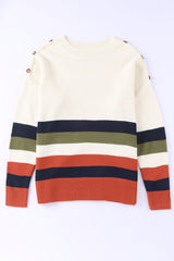 White Buttoned Shoulder Drop Shoulder Striped Sweater Sweaters & Cardigans JT's Designer Fashion