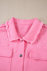 Bonbon Pearl Beaded Raw Hem Button Up Denim Jacket Denim Jackets JT's Designer Fashion