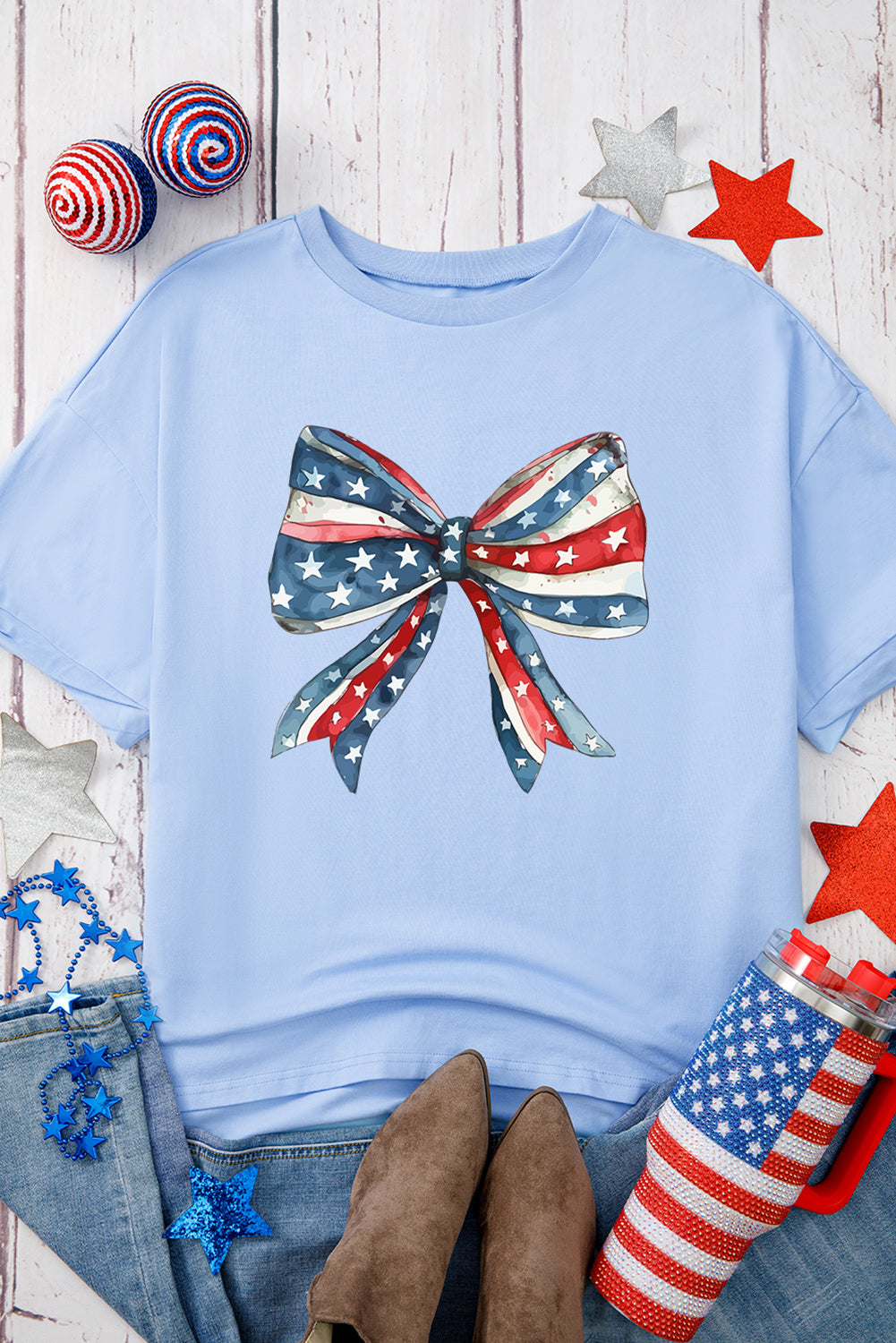 Myosotis July 4th Stars and Striped Bow Print Oversize Tee Graphic Tees JT's Designer Fashion
