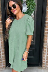 Mint Green Corded Knit Crew Neck Puff Sleeve Shift Mini Dress T Shirt Dresses JT's Designer Fashion