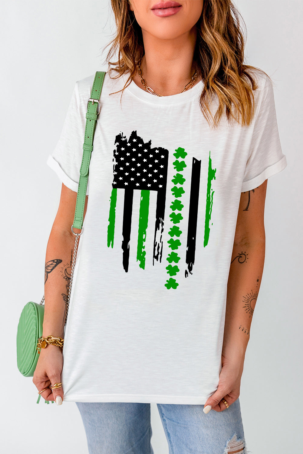 White St. Patricks Clover American Flag Print Crewneck Tee Graphic Tees JT's Designer Fashion
