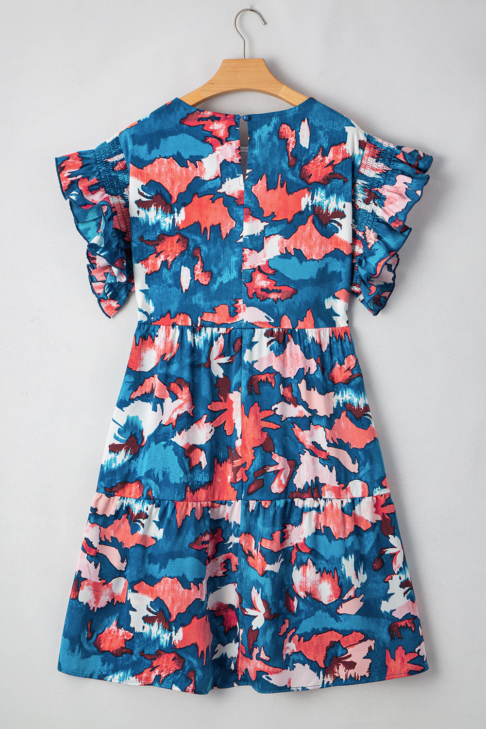 Blue Abstract Print Shirred Ruffled Short Sleeve Tiered Plus Size Mini Dress Plus Size Mini Dresses JT's Designer Fashion