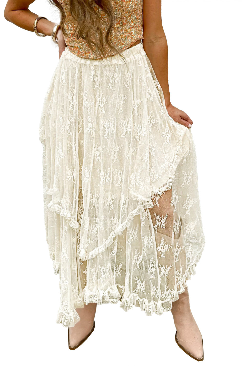 Beige Lace Cascading Tiered High Waist Maxi Skirt Skirts & Petticoat JT's Designer Fashion