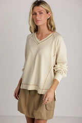 Beige Exposed Seam Textured Knit V Neck Pullover Top Long Sleeve Tops JT's Designer Fashion