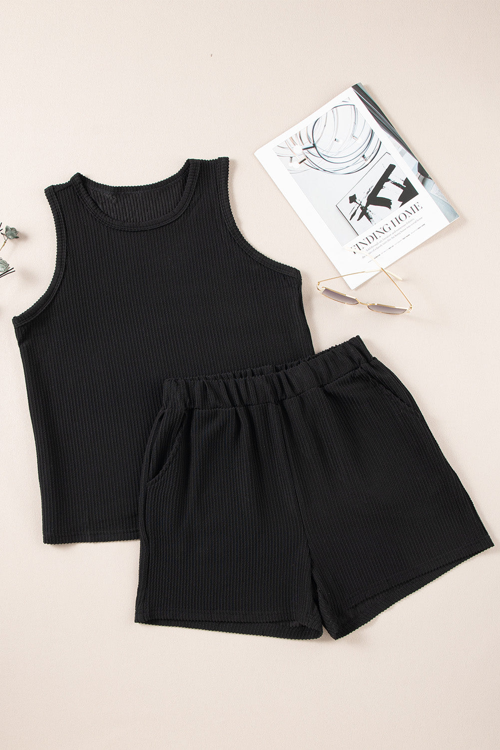 Black Corded Sleeveless Top and Pocketed Shorts Set Short Sets JT's Designer Fashion