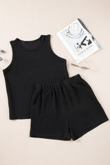 Black Corded Sleeveless Top and Pocketed Shorts Set Short Sets JT's Designer Fashion