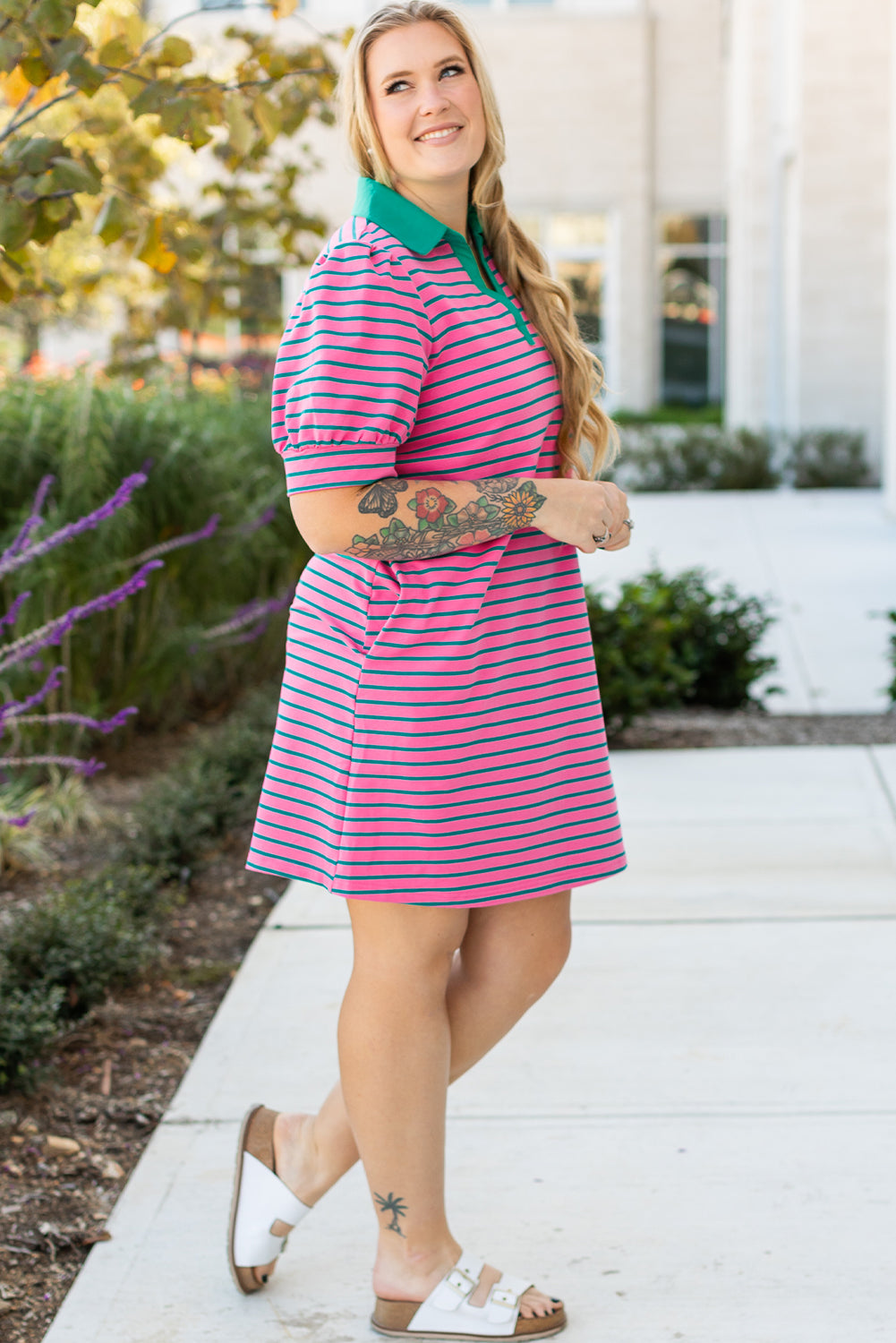 Rose Stripe Collared V Neck Puff Sleeve Shift T Shirt Dress with Pockets Plus Size Mini Dresses JT's Designer Fashion