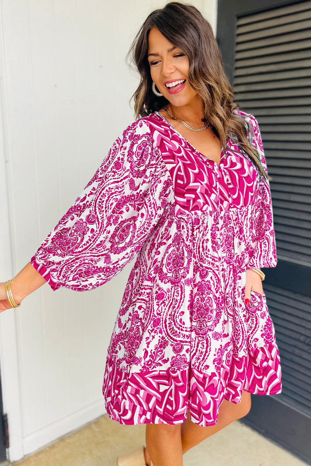 Rose Bohemian Print Puff Sleeve Tied V Neck Flared Mini Dress Mini Dresses JT's Designer Fashion
