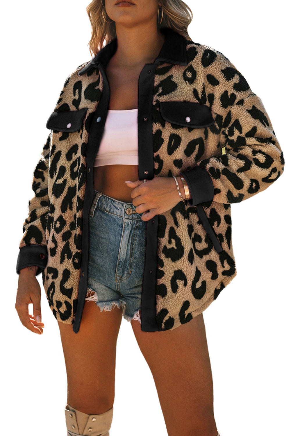 Black Contrast Trimmed Leopard Teddy Shacket Jackets JT's Designer Fashion