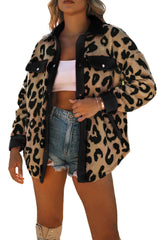 Black Contrast Trimmed Leopard Teddy Shacket Jackets JT's Designer Fashion