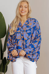 Blue Floral Print Batwing Sleeve Buttoned Loose Fit Shirt Blouses & Shirts JT's Designer Fashion