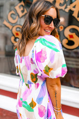 Purple Abstract Print Puff Sleeve Smocked Back Midi Dress Dresses JT's Designer Fashion