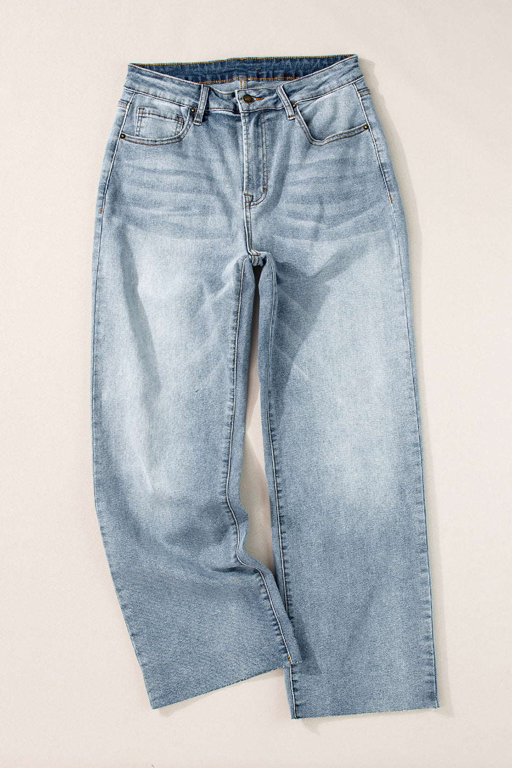 Light Blue Acid Wash Raw Edge Straight Jeans Jeans JT's Designer Fashion